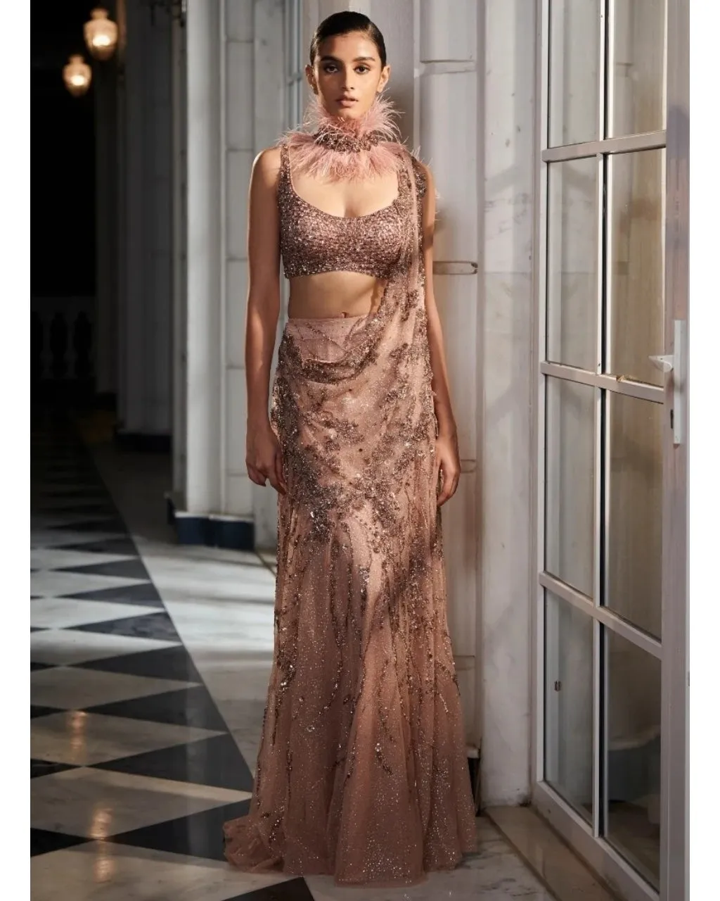 Pearlette Salmon Pink Bridal Shimmer Tulle Drape Sari
